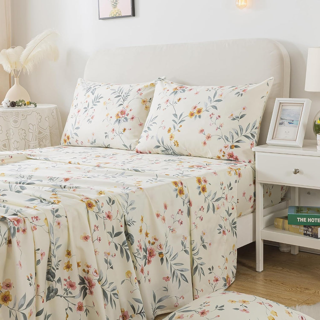 FADFAY Floral Sheets Queen Vintage Pink Floral Bedding Shabby Beige Elegant Botanical Sheets Rustic Farmhouse Bedding 800 Thread Count 100% Egyptian Cotton Deep Pocket Fitted Sheet 4Pcs, Queen Size