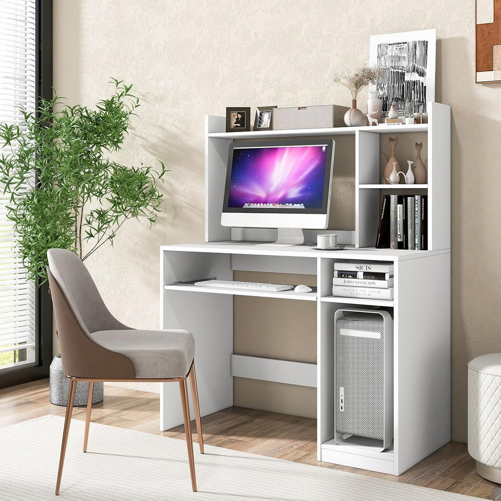 Computer Desk with Power Outlet and Hutch, Home Office Workstation with Bookshelf, Keyboard Tray & CPU Stand, Writing Study Table with Storage for Small Space, Black/White (White)