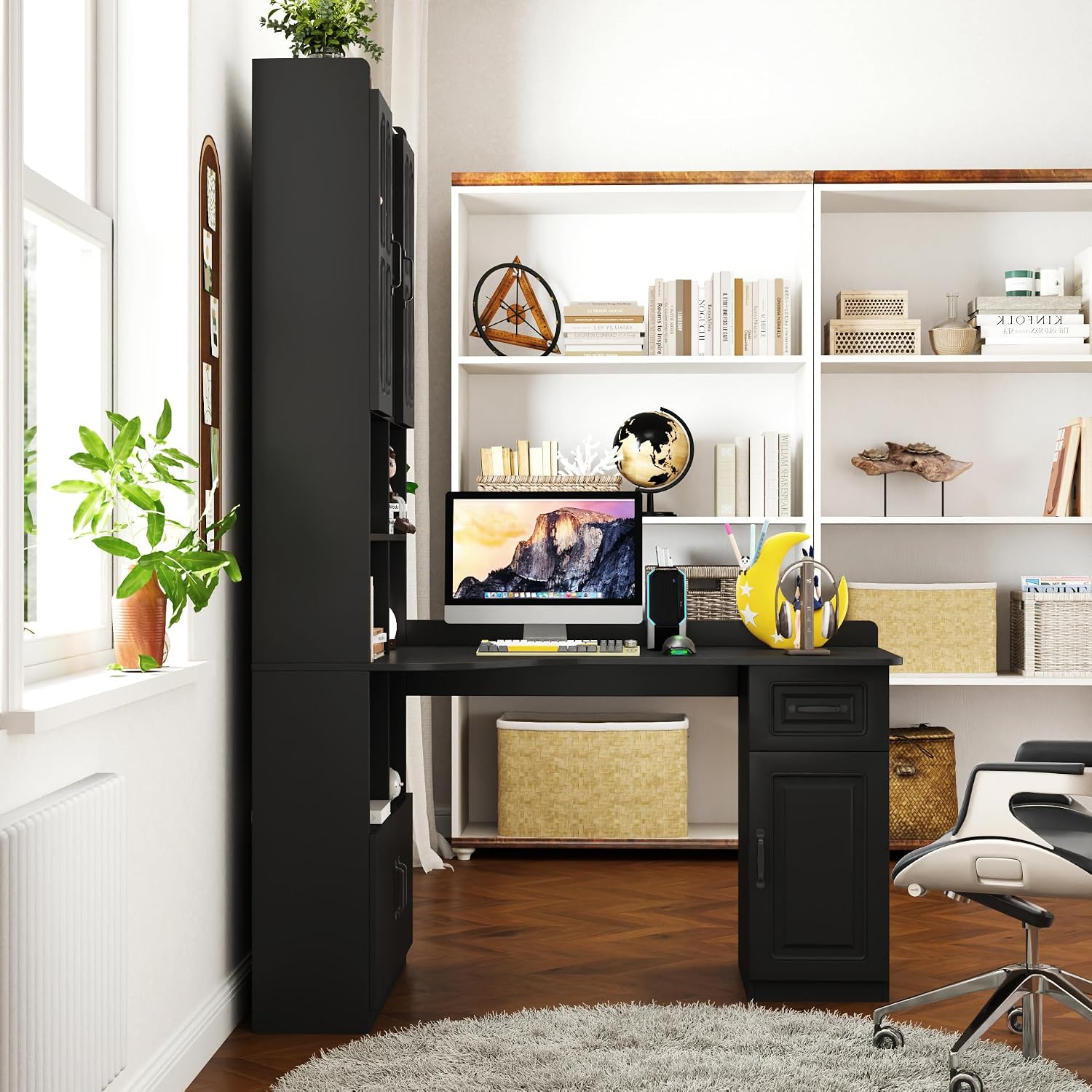 ZeHuoGe L-Shaped Corner Computer Desk for Home Office or Study Desk, Study Modern Style Table with Drawers, Bookshelf & Hutch, 2-in-1 L-Shaped Design, Large Working Space (Black)