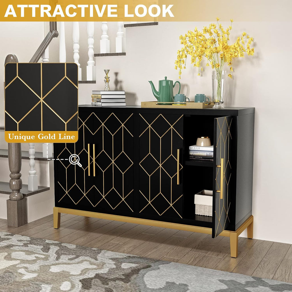 HLR Accent Cabinet with 4 Doors&Shelves, Sideboard Buffet Cabinet with Gold Trim, Modern Black Storage for Living Room, Entryway, Kitchen, Dining Room, Hallway