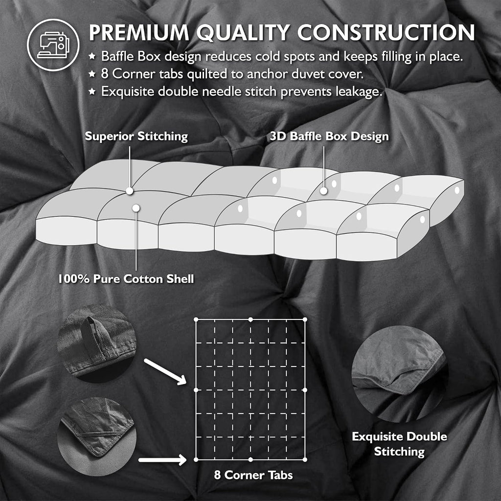 Luxurious Queen Size Goose Down Feather Fiber Comforter Duvet Insert, 100% Egyptian Cotton Cover, 60 oz. Fill Weight Comforter (Queen, Gray Pinch Pleat)