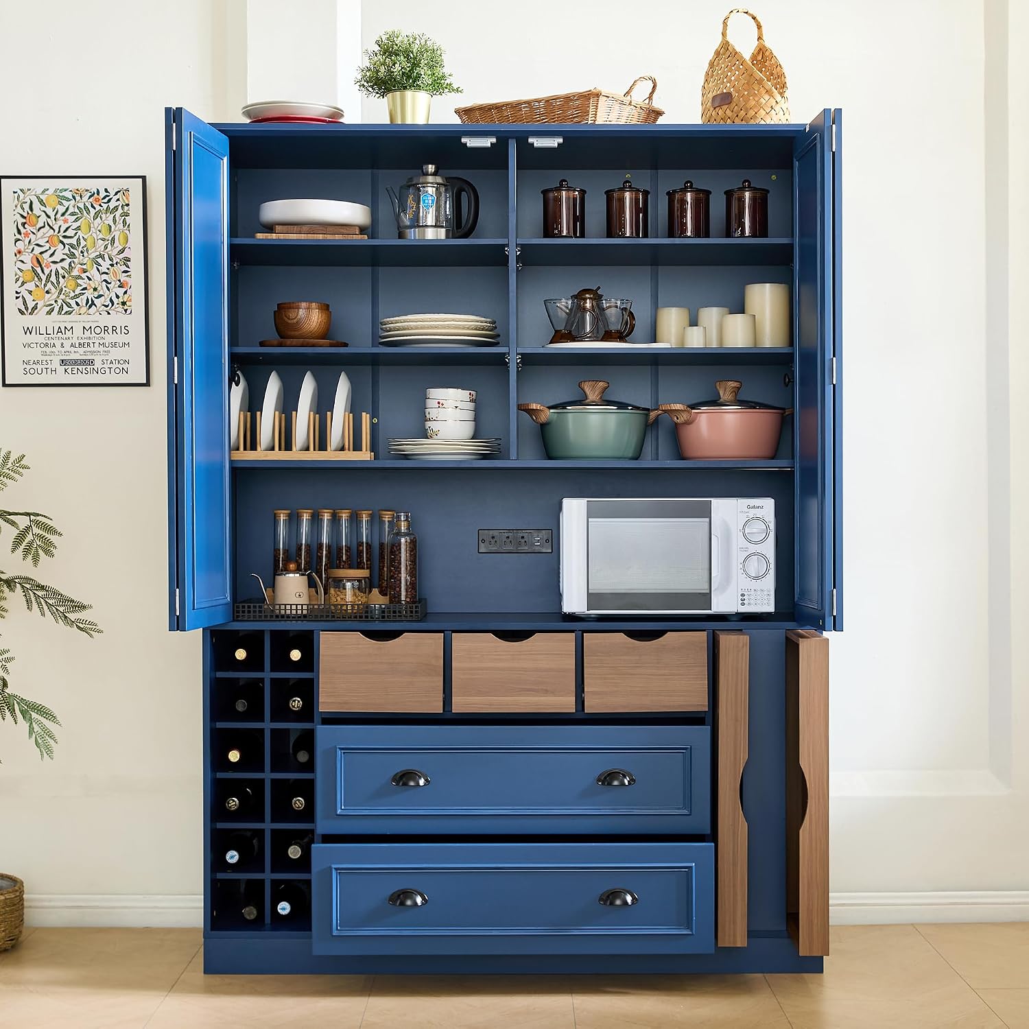 Farmhouse 71''H Large Kitchen Pantry, 53.2''Lx17.7''W Wood Dining Storage Cabinet Cupboard with 4 Foldable Doors, Power Outlet, Shelves, Wine Racks and Serving Trays (Blue-Fold D)