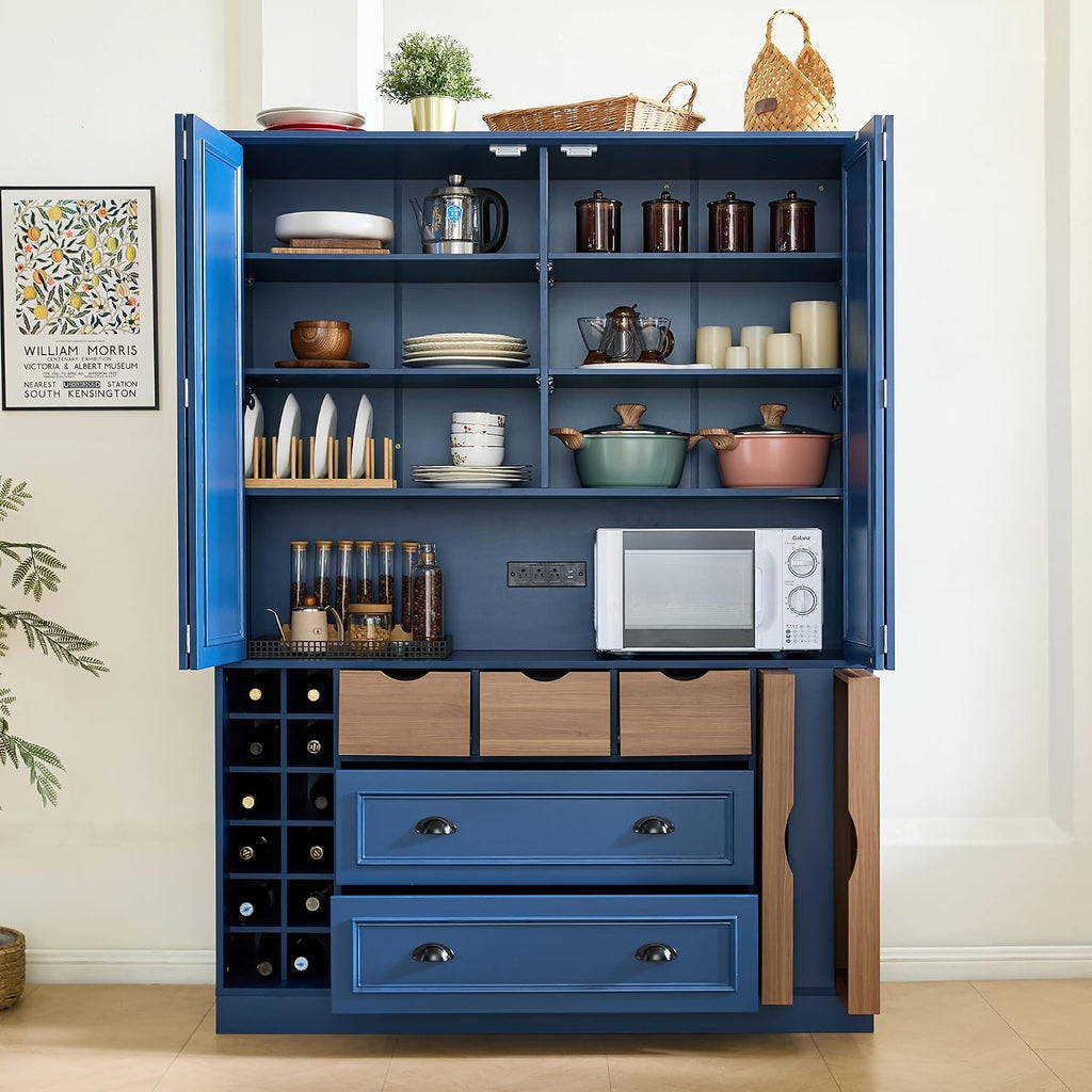 Merax 71' H Tall Kitchen Pantry Cabinet with Outlet, Modern Kitchen Hutch with Microwave Stand and Wine Racks, Large Food Pantry Storage Cabinet with Serving Trays and Drawers, Navy Blue