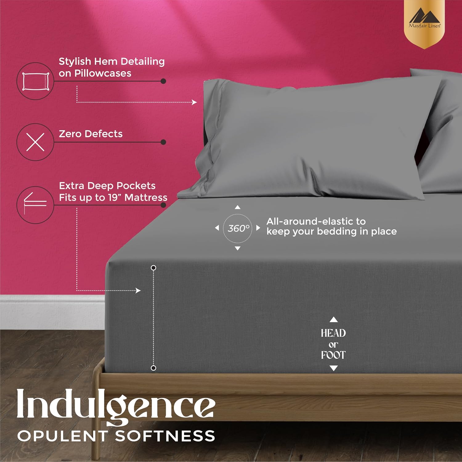 Mayfair Linen 100% Egyptian Cotton Split King Sheets Sets for Adjustable Bed - Luxury 1200 Series Split King Sheet Set (5 PC, Dark Grey), Soft, Cooling & Breathable, Sateen Weave 17' Deep Pocket Sheet