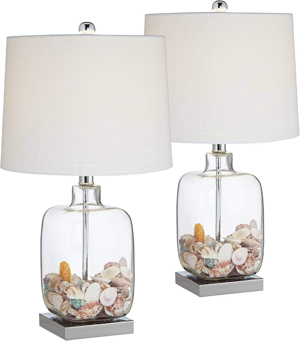 360 Lighting Coastal Accent Table Lamps 21 3/4' High Set of 2 Brushed Steel Clear Glass Fillable White Drum Shade Decor for Living Room Bedroom House Bedside Nightstand Home Office Family