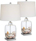 360 Lighting Coastal Accent Table Lamps 21 3/4' High Set of 2 Brushed Steel Clear Glass Fillable White Drum Shade Decor for Living Room Bedroom House Bedside Nightstand Home Office Family