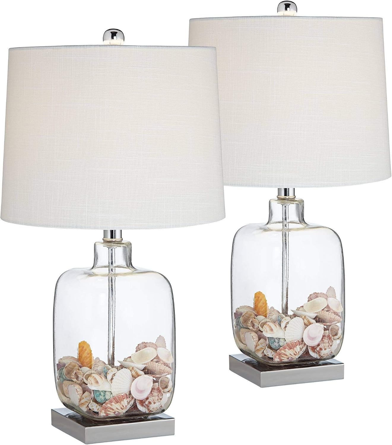 360 Lighting Coastal Accent Table Lamps 21 3/4' High Set of 2 Brushed Steel Clear Glass Fillable White Drum Shade Decor for Living Room Bedroom House Bedside Nightstand Home Office Family