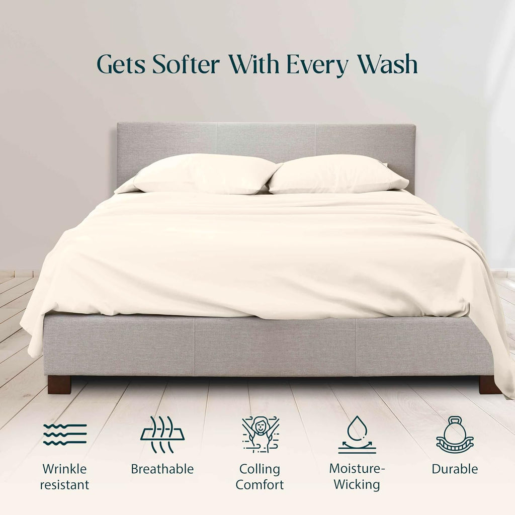 1000 Series- Extra Long Staple 100% Egyptian Cotton Sheet Set,Sateen Weave, Hotel Quality Soft Luxury Bedding, Queen Size 4 Piece Sheet Set Fit 15' Inch to 18' Deep Ivory Solid.