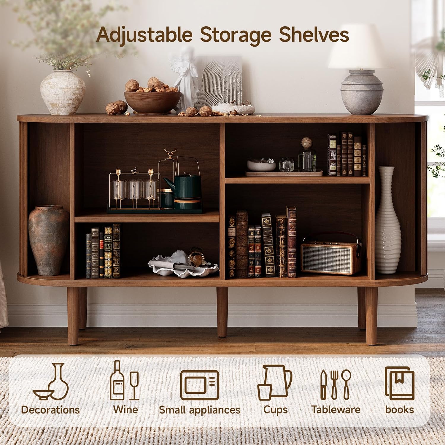 ONBRILL 55' Buffet Sideboard Cabinet with Sliding Doors, Mid-Century Modern Sideboard Buffet Cabinet with Storage & Adjustable Shelves, Accent Coffee Bar Console Table for Kitchen, Entryway, Walnut