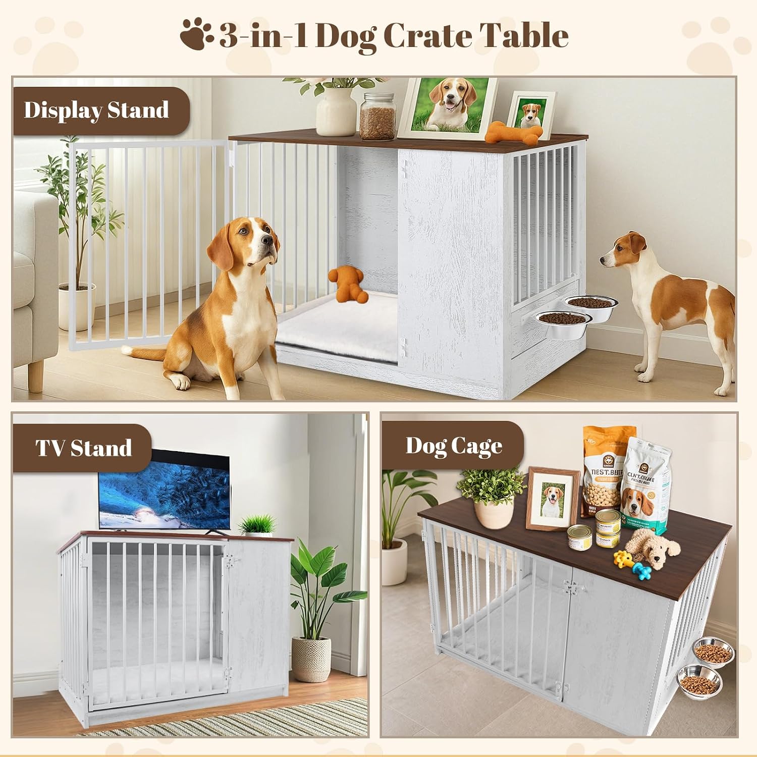 TBWIND Dog Crate Furniture for Large Dogs, 36' Indoor Wooden Dog Kennel with 270° Swivel Door & 360° Rotating Feeder, Decorative Heavy Duty Dog House with Double Locks & Bowls, White
