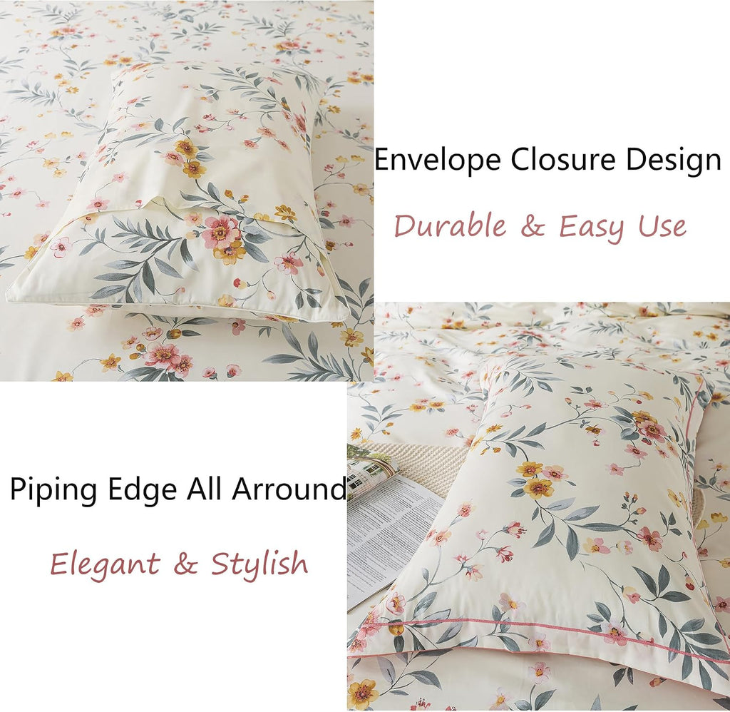 FADFAY Floral Sheets Queen Vintage Pink Floral Bedding Shabby Beige Elegant Botanical Sheets Rustic Farmhouse Bedding 800 Thread Count 100% Egyptian Cotton Deep Pocket Fitted Sheet 4Pcs, Queen Size