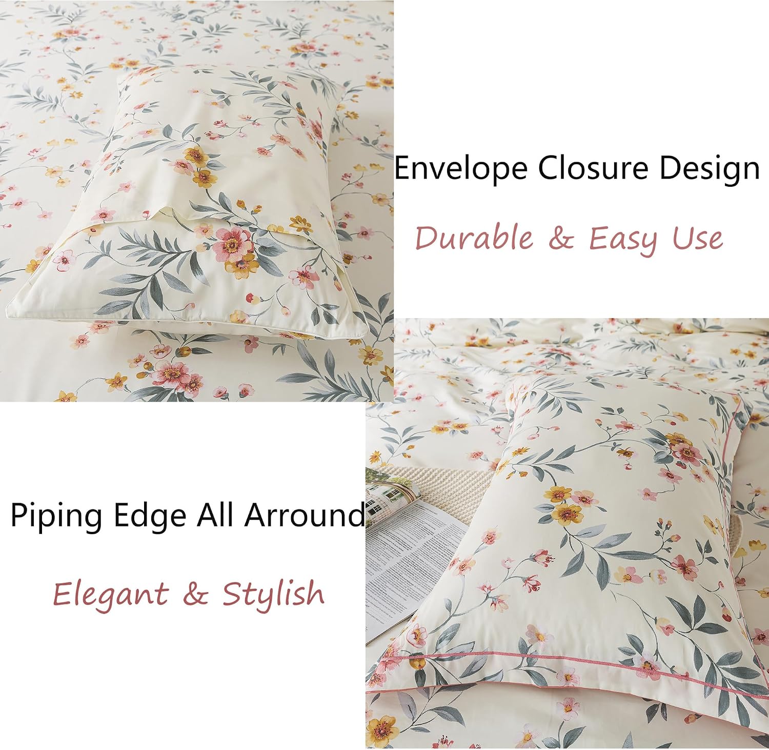 FADFAY Floral Sheets Queen Vintage Pink Floral Bedding Shabby Beige Elegant Botanical Sheets Rustic Farmhouse Bedding 800 Thread Count 100% Egyptian Cotton Deep Pocket Fitted Sheet 4Pcs, Queen Size