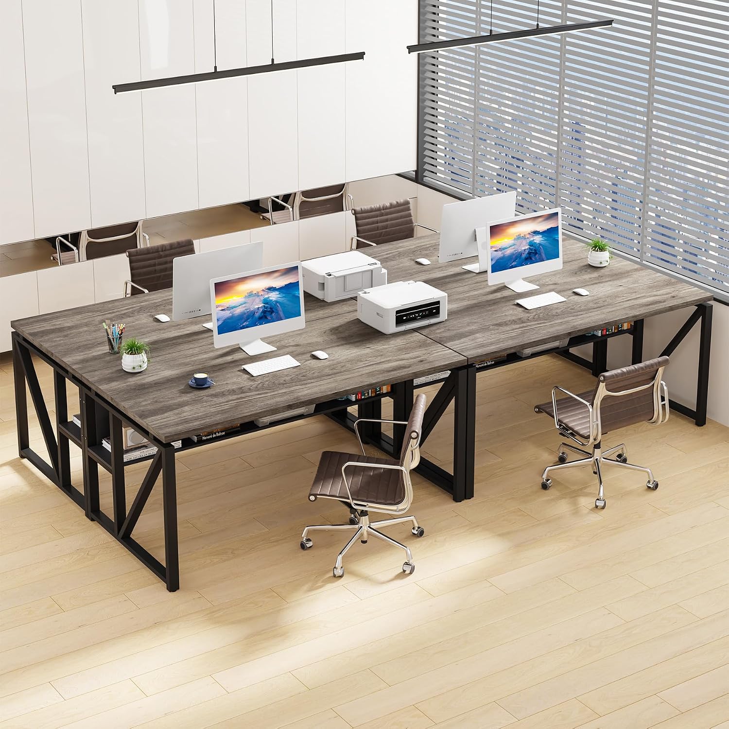 Tribesigns 55 inches Computer Desk with Bottom Storage Shelf Home Office Desk Writing Table for Workstation,Dark Walnut + Steel Leg， Cabinet not Included (Dark Oak, 55-inch -with Shelf)