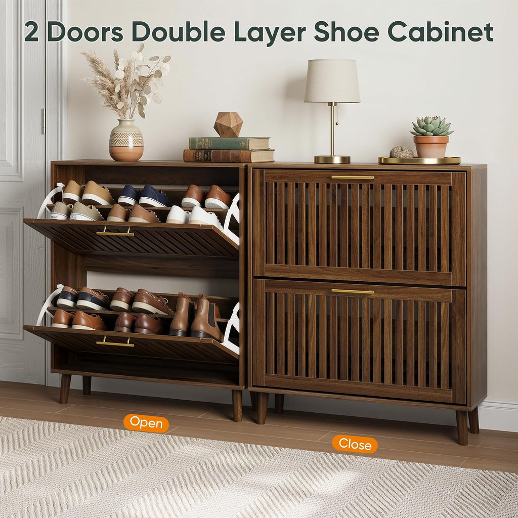 Smart FENDEE 31.5' W Shoe Cabinet Storage for Entryway with 2 Flip Drawers, Shoe Cabinet with Slatted Panel, Hidden Shoe Rack Freestanding Slim Shoes Organizer for Hallway, Entrance, Walnut