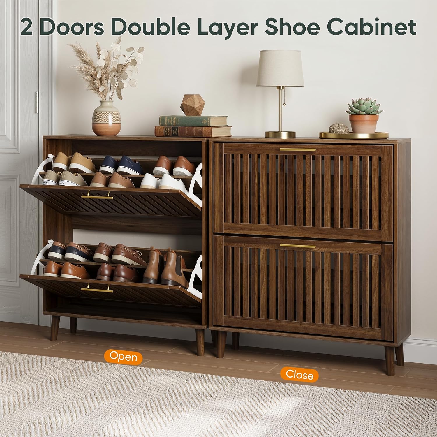 Smart FENDEE 31.5' W Shoe Cabinet Storage for Entryway with 2 Flip Drawers, Shoe Cabinet with Slatted Panel, Hidden Shoe Rack Freestanding Slim Shoes Organizer for Hallway, Entrance, Walnut