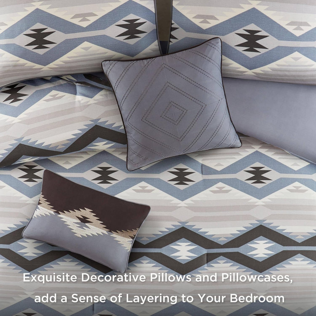 Woolrich Cal King Comforter Set, Southwestern Aztec 8 Piece Bedding Set, Oversized All Season Down Alternative Comforter with Shams, Euro Shams, Decorative Pillows & Bedskirt, Rustic Cabin, Blue