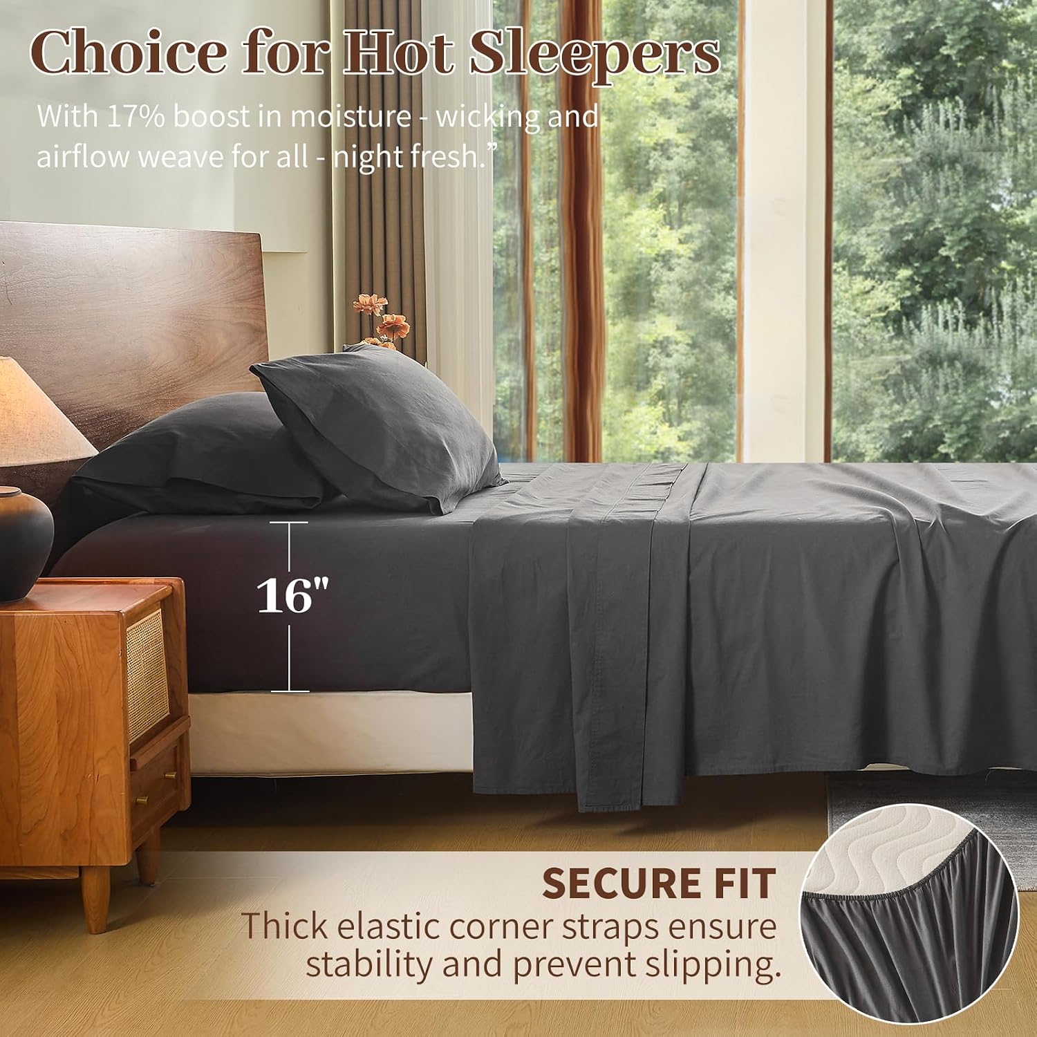 MEISHANG 100% French Pure Linen Sheets King Size - Bed Sheets 4 Piece Sets, Soft Durable Flax Linen, Anti-Tear Breathable Oeko-Tex Certified with 16' Deep Pocket (Dark Grey)