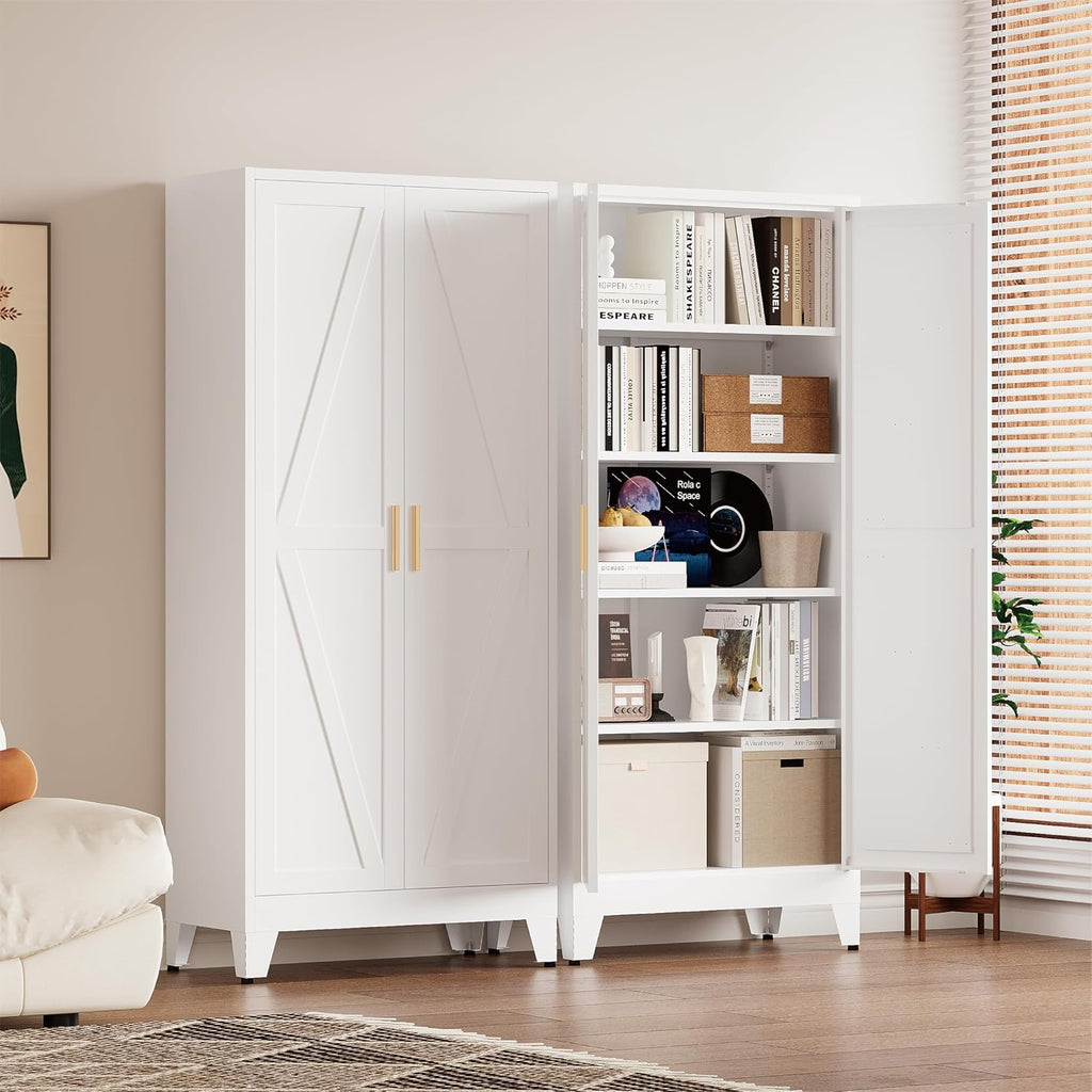 71' Tall Pantry Cabinet, White Metal Pantry Storage Cabinet, Kitchen Pantry Storage Cabinets with 2 Door and 4 Adjustable Shelves (White, 71' H)