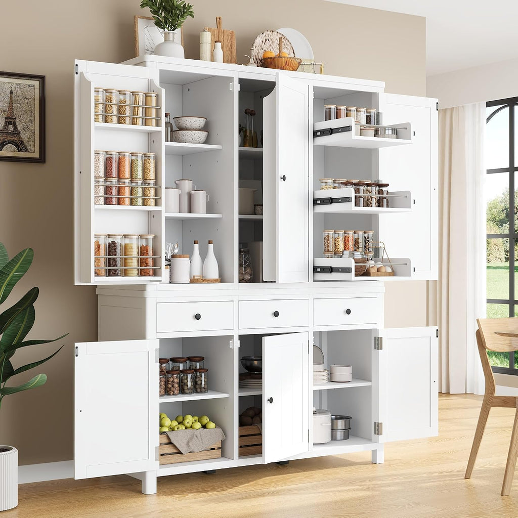Farmhouse 74.8''H High Freestanding Kitchen Pantry, 53''Lx20''W Wooden Large Cupboard Storage Cabinet with Door Shelves, Adjustable Shelves, Pull-Out Trays and Drawers (White-6ds)