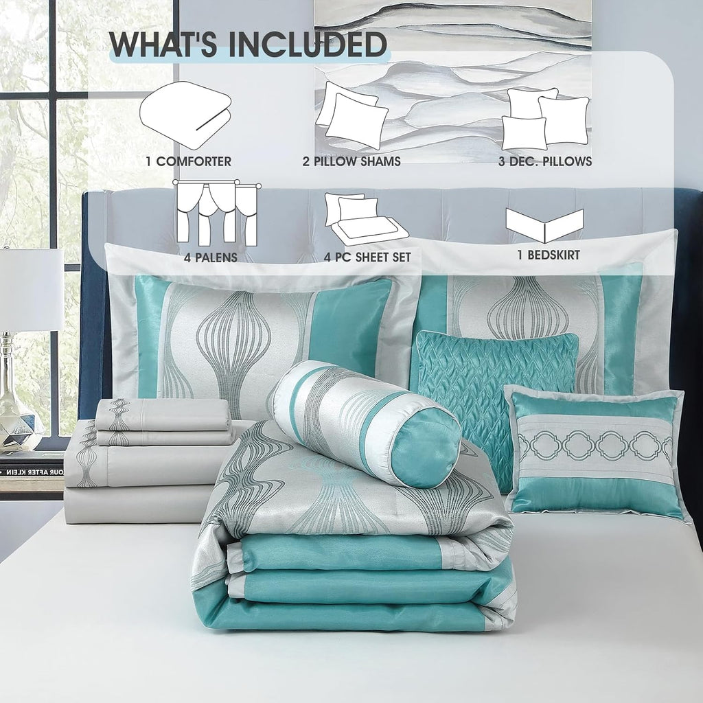 LANCO MODERN LIFESTYLE California King Comforter Set, Blue, 15 Pieces Room in a Bag, Jacquard with Patchwork, Luxury Bed Set with Sheets, Curtains, Bed Skirt, Pillow Shams, Cases and Pillows