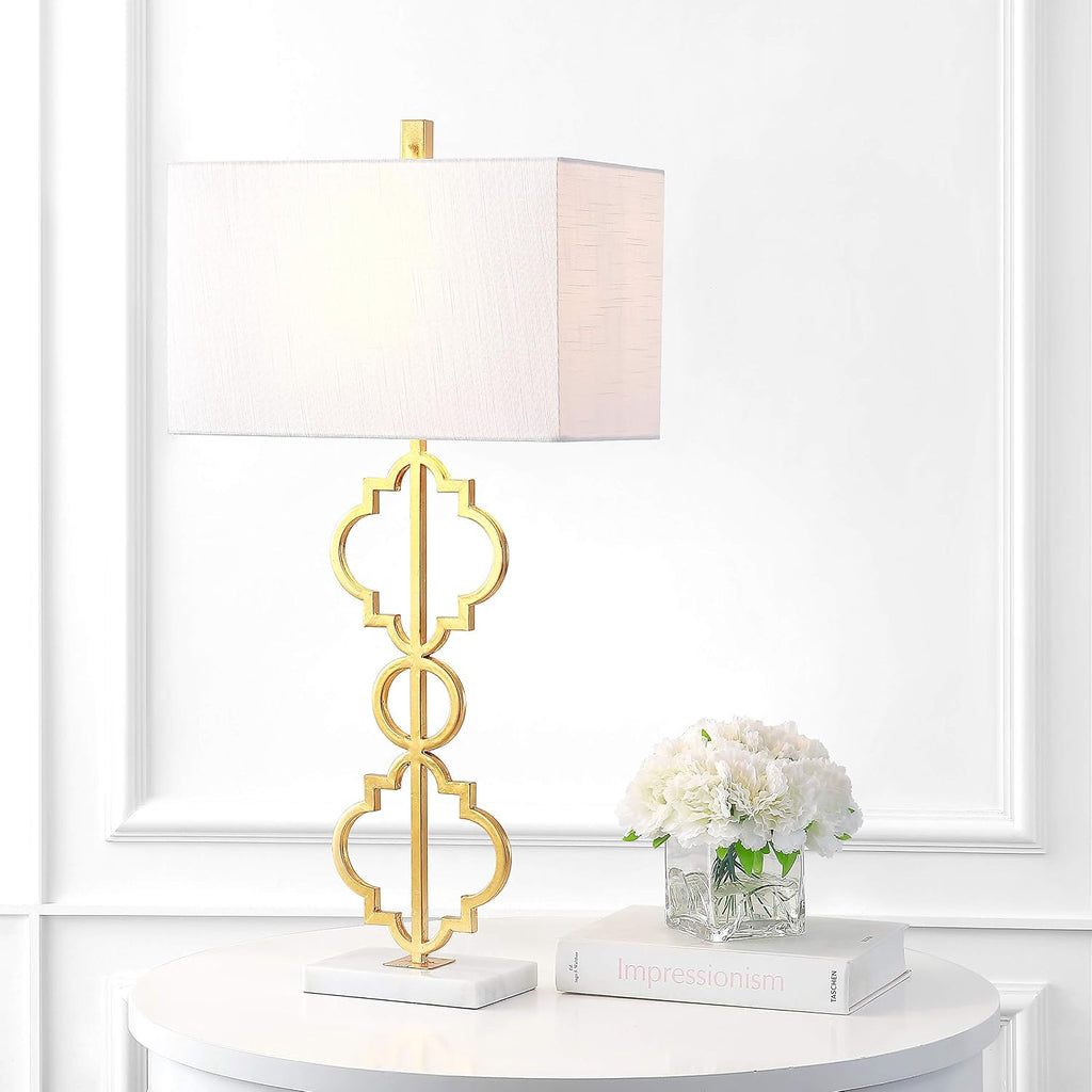JONATHAN Y 32' Gold Selina Ogee Trellis LED Table Lamp, Glam Modern Iron Geometric Lamp for Living Room Bedroom, White Linen Rectangle Shade, LED Bulb Included JYL3072A