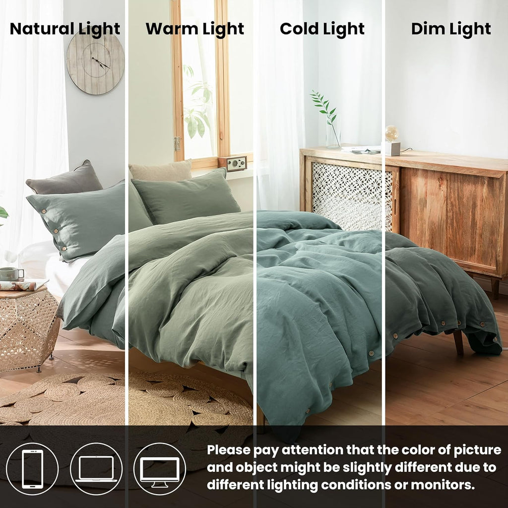 Simple&Opulence 100% Linen Duvet Cover Set 3pcs with Coconut Button Closure Natural French Washed Flax Solid Color Soft Breathable Farmhouse Bedding - Cushing Green, Queen Size