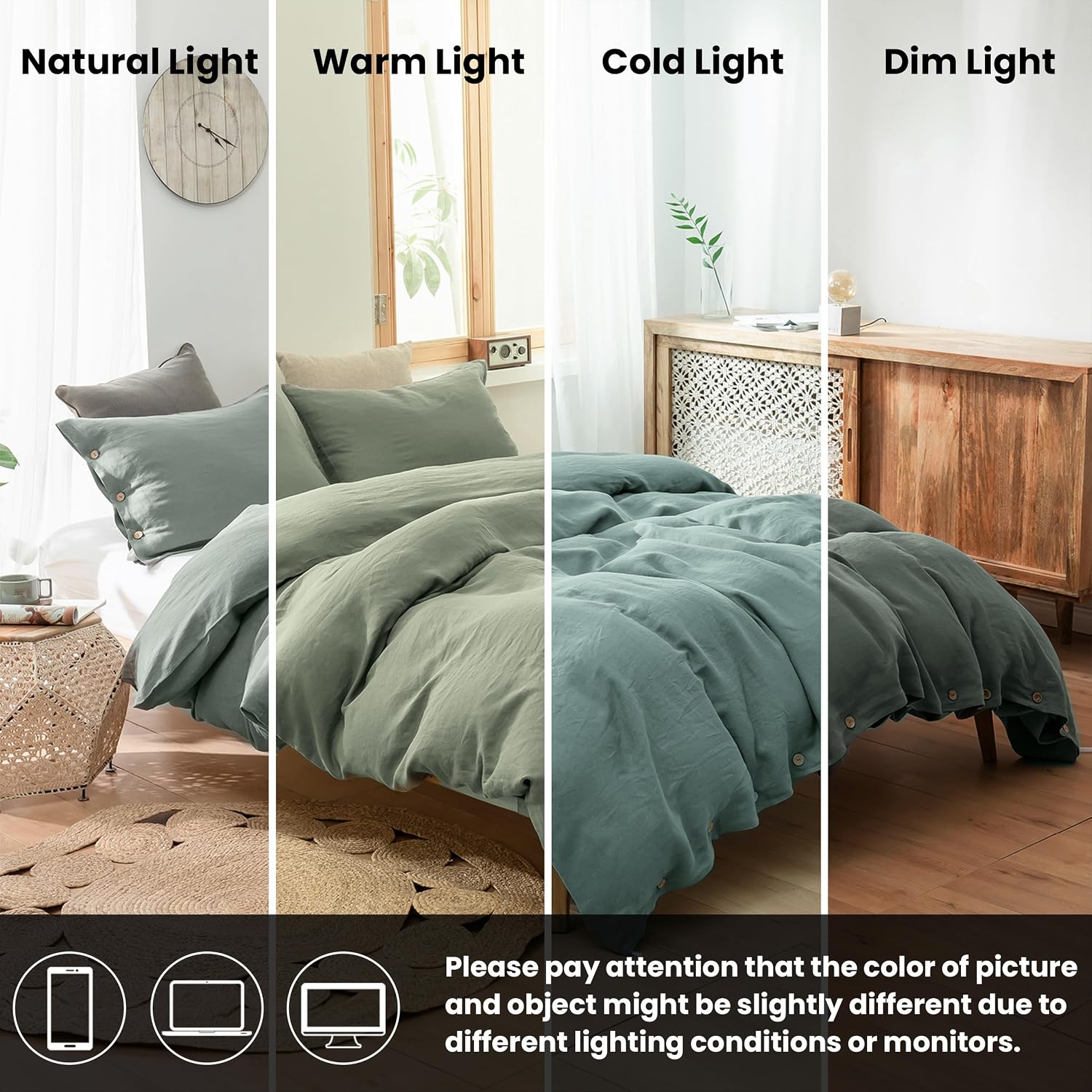 Simple&Opulence 100% Linen Duvet Cover Set 3pcs with Coconut Button Closure Natural French Washed Flax Solid Color Soft Breathable Farmhouse Bedding - Cushing Green, Queen Size