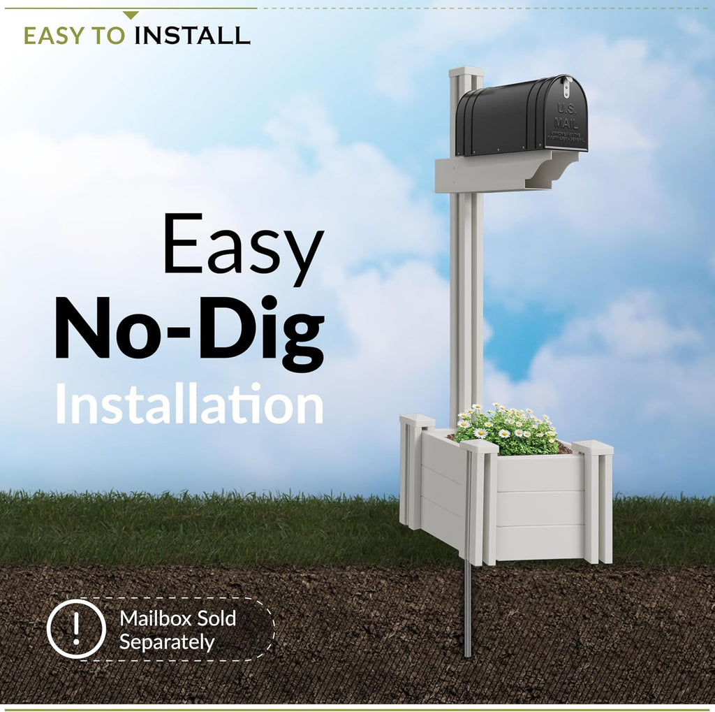 4.5ft H (1 Post w/Planter) No Dig Zippity Majestic Mailbox Post with Planter Box, White Vinyl Support for Outdoor Mail, Decorative Column w/Flower Box, Architectural Mount for Letter Box, ZP19027