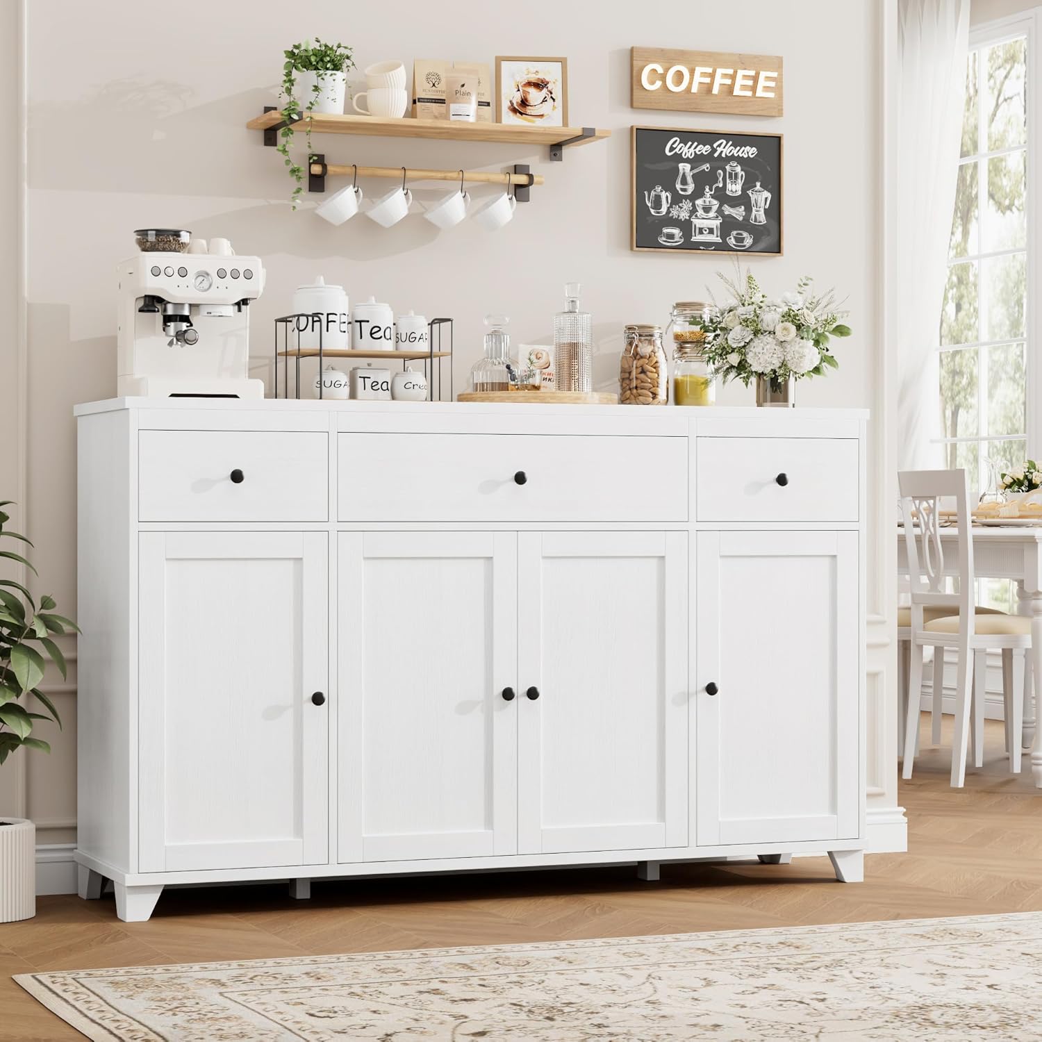 HIFIT 55' Large Kitchen Buffet Cabinet with Storage Drawers, Modern Sideboard Buffet Table Storage Cabinet with Doors and Shelves, Wood Coffee Bar Cabinet for Kitchen Dining Living Room, White