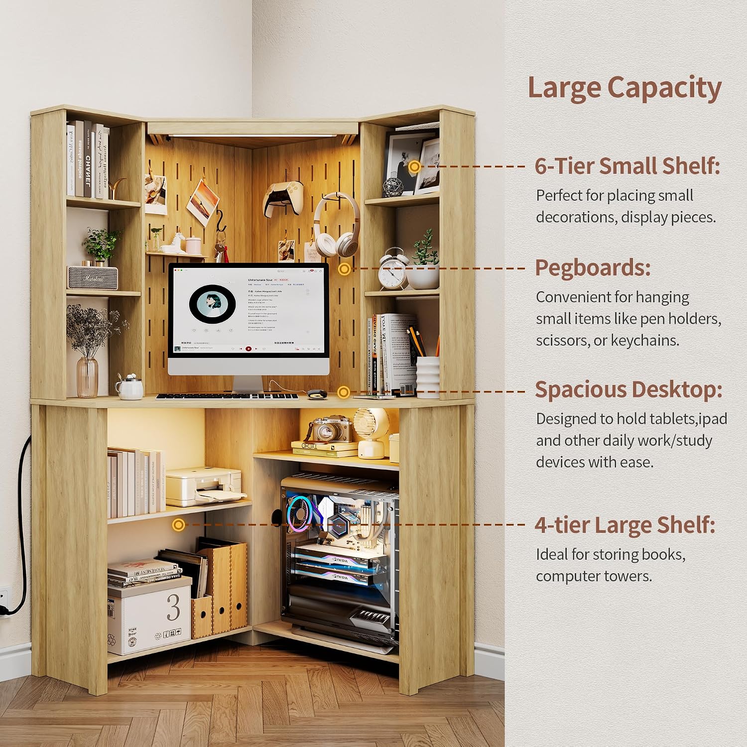 HNEBC Home Office Desk with Power Outlet & Chariging Station,L-Shaped Corner Desk with Pull-Out LED Lights,Computer Desk with Hutch & 10 Shelves,Pegboards for Work & Study,Natural