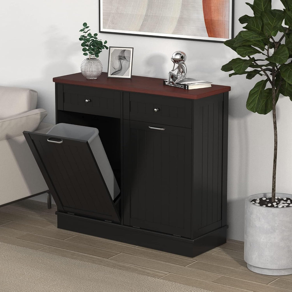 TOLEAD Tilt Out Trash Cabinet,Antique-Style Beadboard Kitchen Island with Solid Wood Tabletop & Drawer, Pet Proof Trash Can, Wood Laundry Cabinet (Black, Double Door)