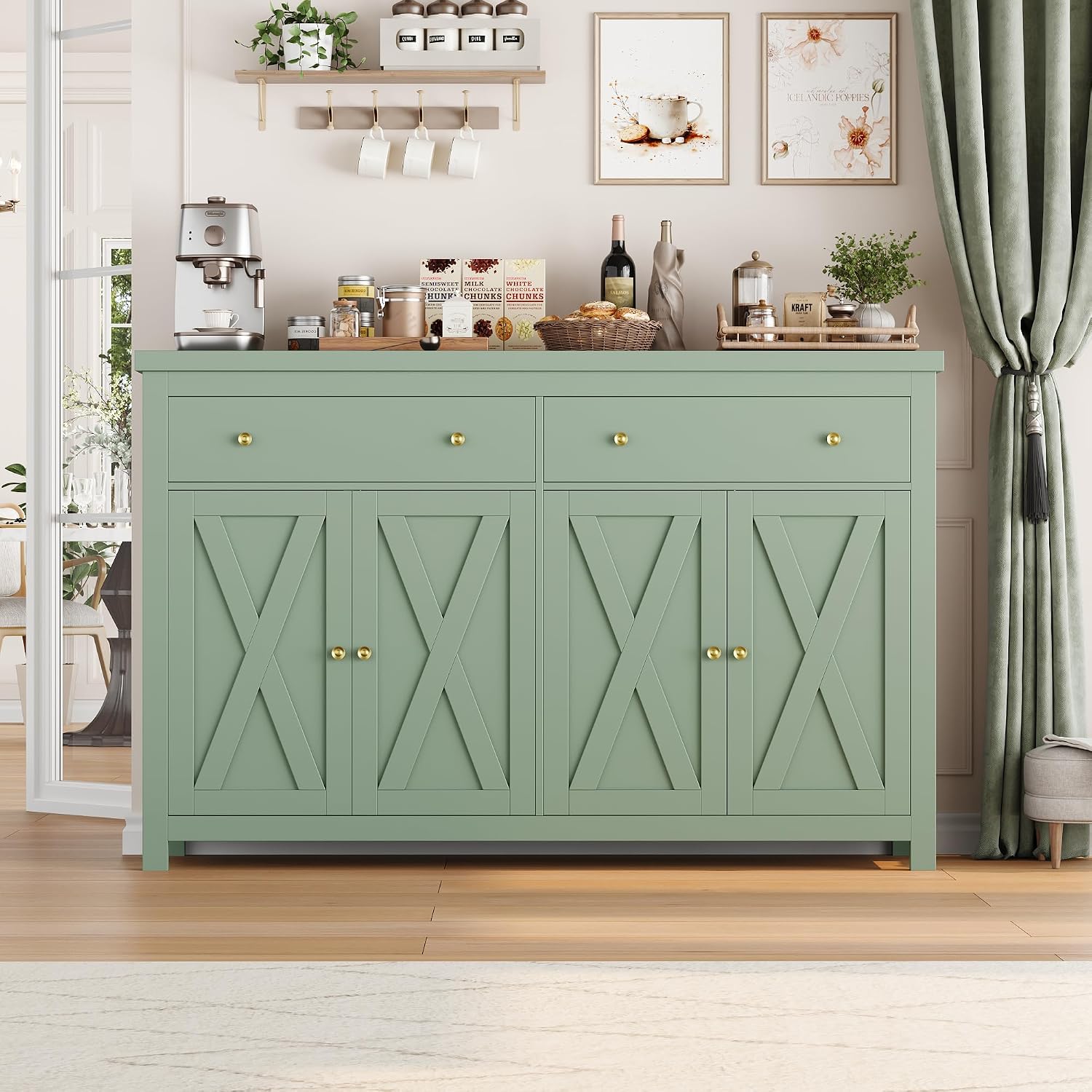 FOTOSOK Sideboard Buffet Cabinet with Storage, 55' Large Kitchen Storage Cabinet with 2 Drawers and 4 Doors, Wood Coffee Bar Buffet Table Console Table for Kitchen Dining Room, Green