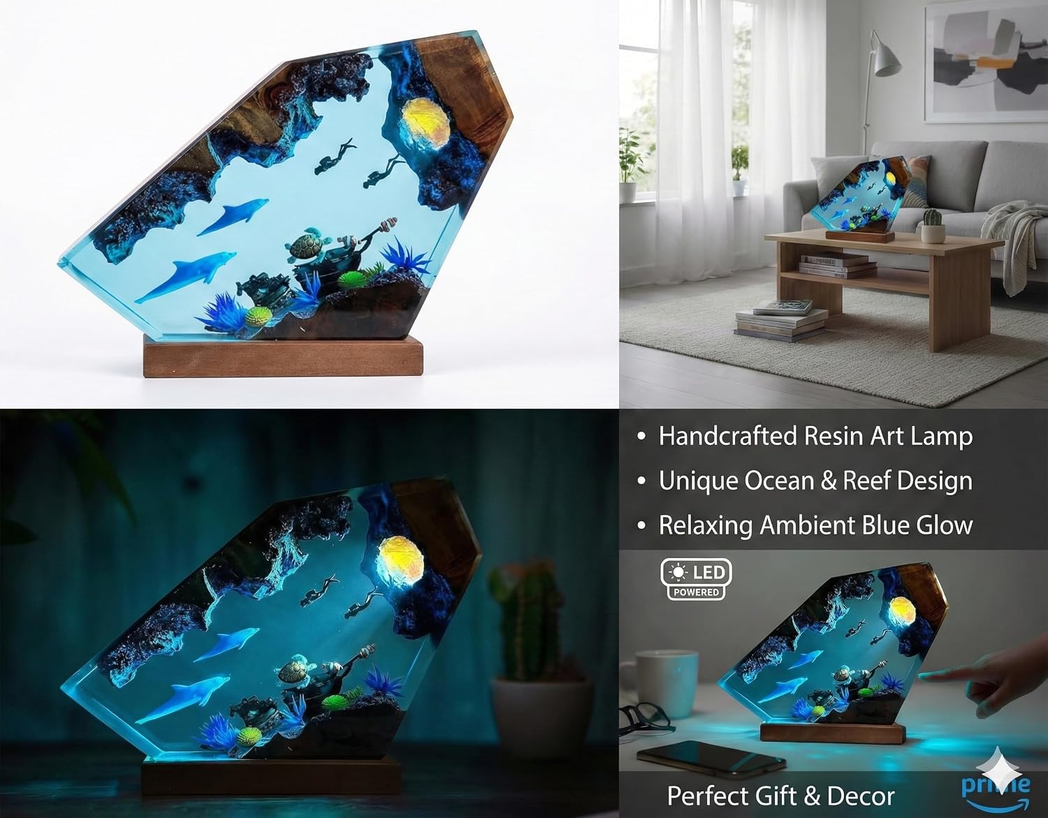 3D Resin Night Light,Ocean Theme LED Lighting epoxy Resin Decorative Light with Wooden Base, Suitable for Home Office Desk Decoration, is a Creative Birthday Gift for Women and Men.