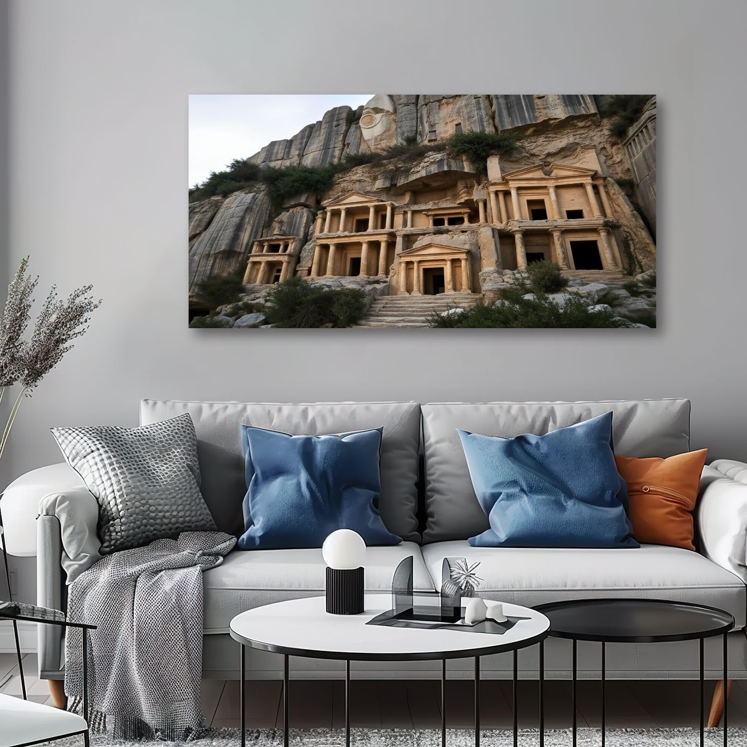 30'x 60' Canvas Wall Art Ancient Rock Carved Tombs Classic Architectural Style Framed Pictures Painting Prints Large Wall Art for Living Room Bedroom Abstract Home Wall Decor Artwork