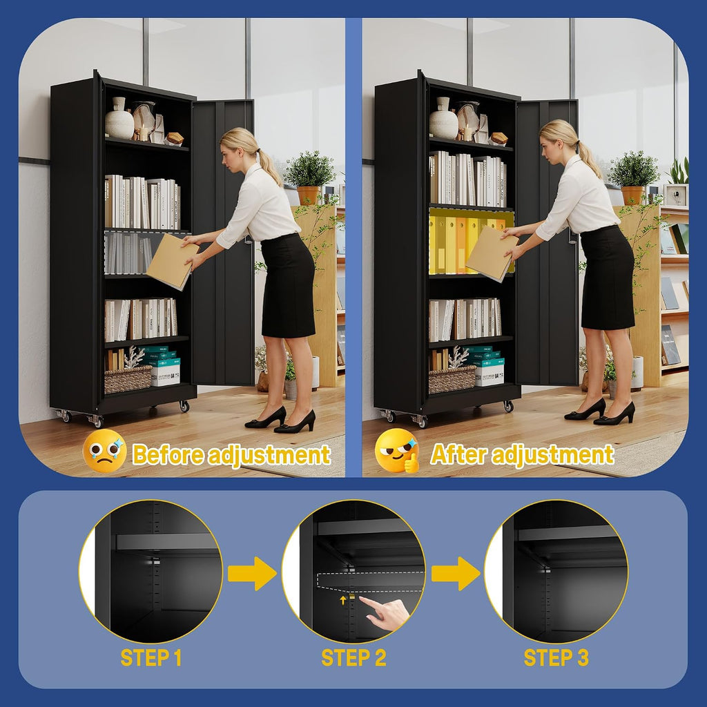 Metal Storage Cabinet with Doors and Adjustable Shelves, 73' Steel Garage Storage Cabinets with Wheels, Locking Tool Cabinet Utility Cabinets for Garage,Bathroom,Kitchen,Home Office,School