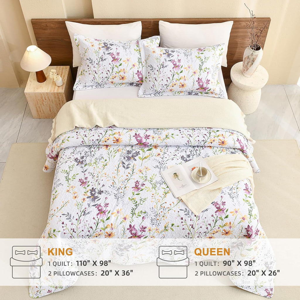 Sanracie 100% Cotton Quilt King Bedding Set(110'x98')-Floral Quilted Bedspreads Set,3pcs Yellow Wild Flower Botanical Printed Pattern Quilt Bedding Coverlet Summer Soft Lightweight Aesthetic Bedding