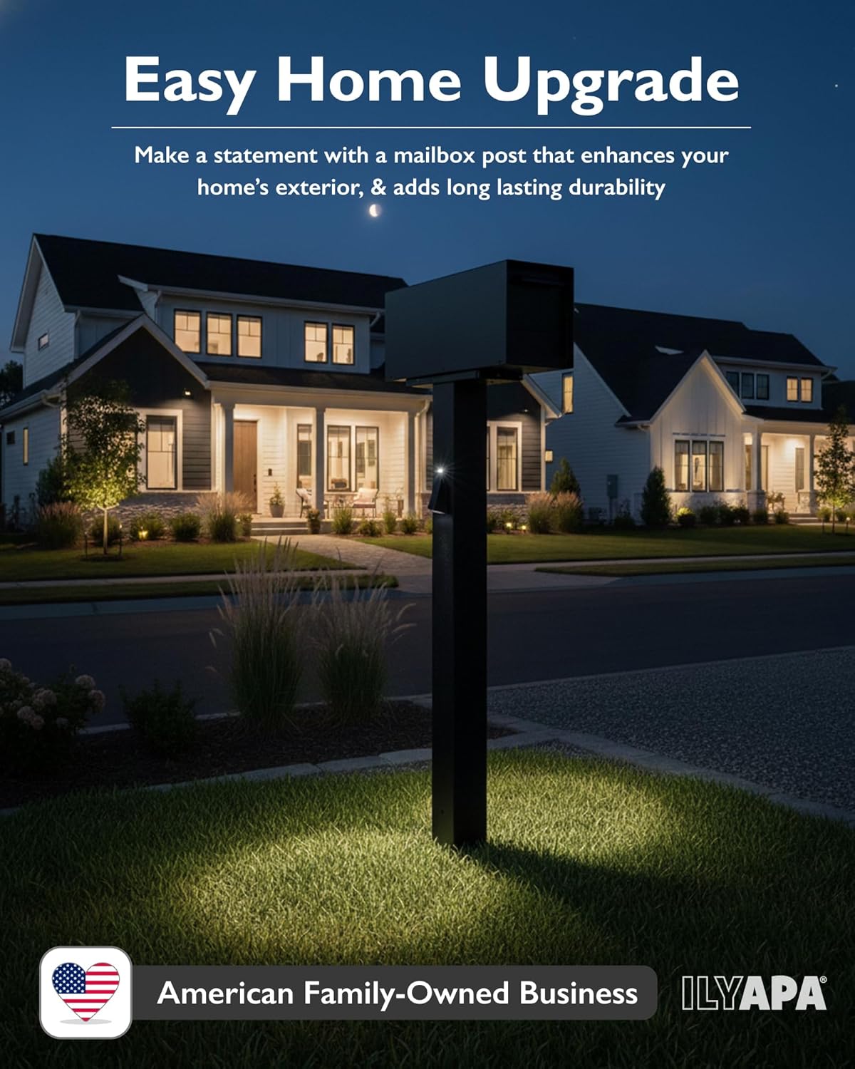 Ilyapa Black Metal Mailbox Post for Outside with Solar Address Sign for Houses, 43x4x4 Mail Box Post Sleeve with Solar Light for House Numbers with Two Universal Mounting Plate Brackets
