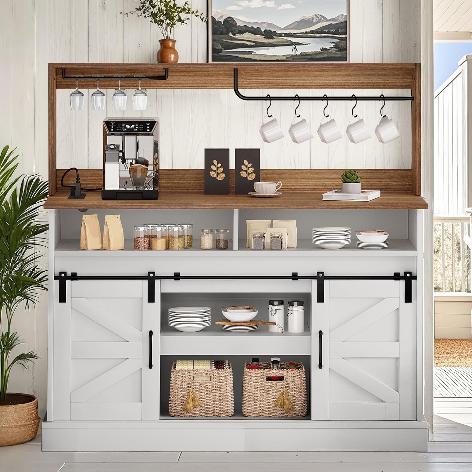 YITAHOME 52' Farmhouse Coffee Bar Cabinet with Storage, Buffet Cabinet with Goblet Holder, 5 Hooks, Power Outlets, Sideboard Cabinet with Sliding Barn Doors for Kitchen & Living Room (White)