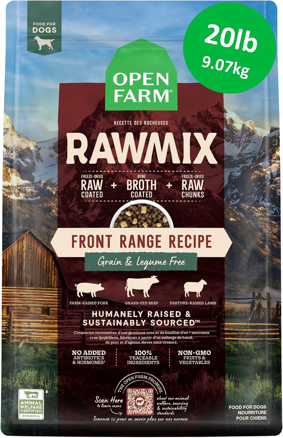 Open Farm, RawMix Grain-Free Dry Dog Food, Protein-Packed Kibble Coated in Bone Broth with Freeze Dried Raw Chunks, Beef Pork & Lamb, Front Range Recipe, 20lb Bag