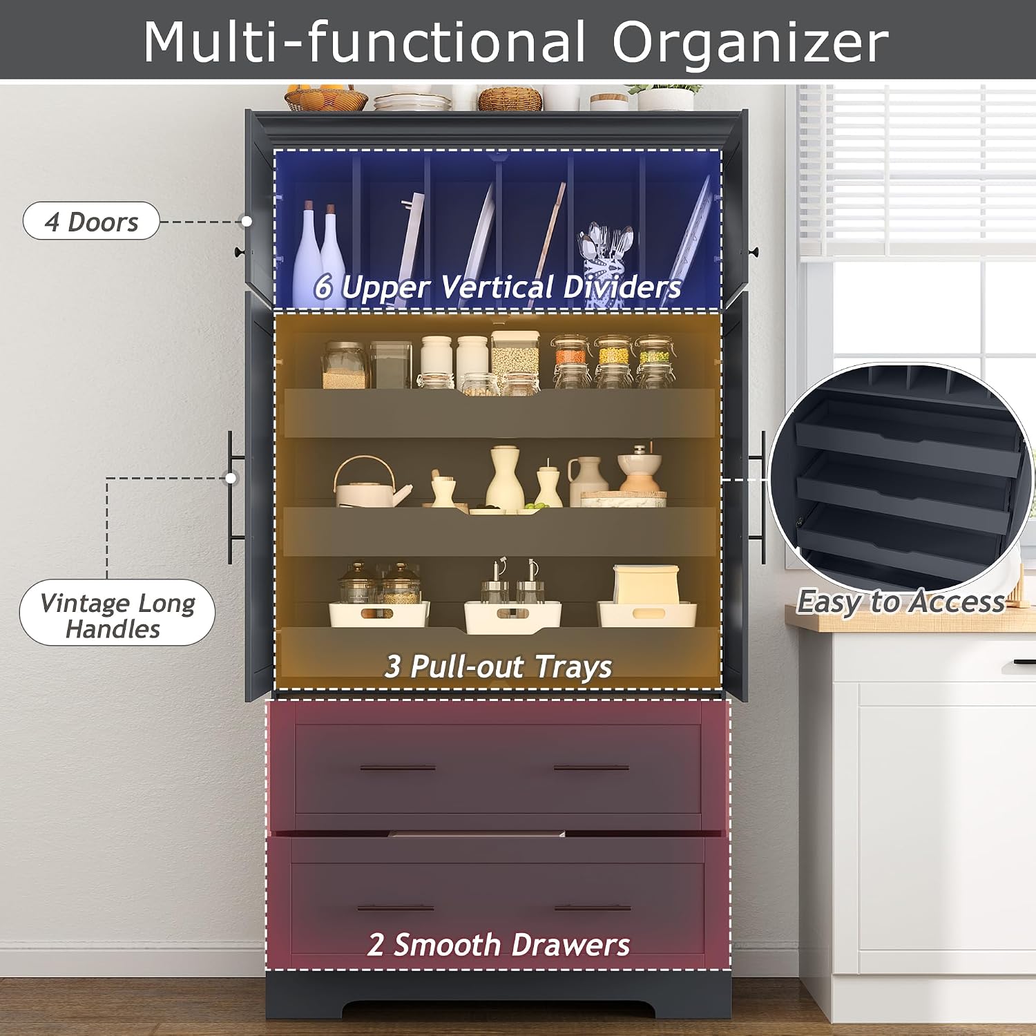 Freestanding Kitchen Pantry Storage Cabinet, 72.6''H Tall Wooden Kitchen Organizers with 2 Doors, Pull-Out Trays, 2 Drawers and Cake Pan Storage for Dining Room Living Room (Grey-1.12)