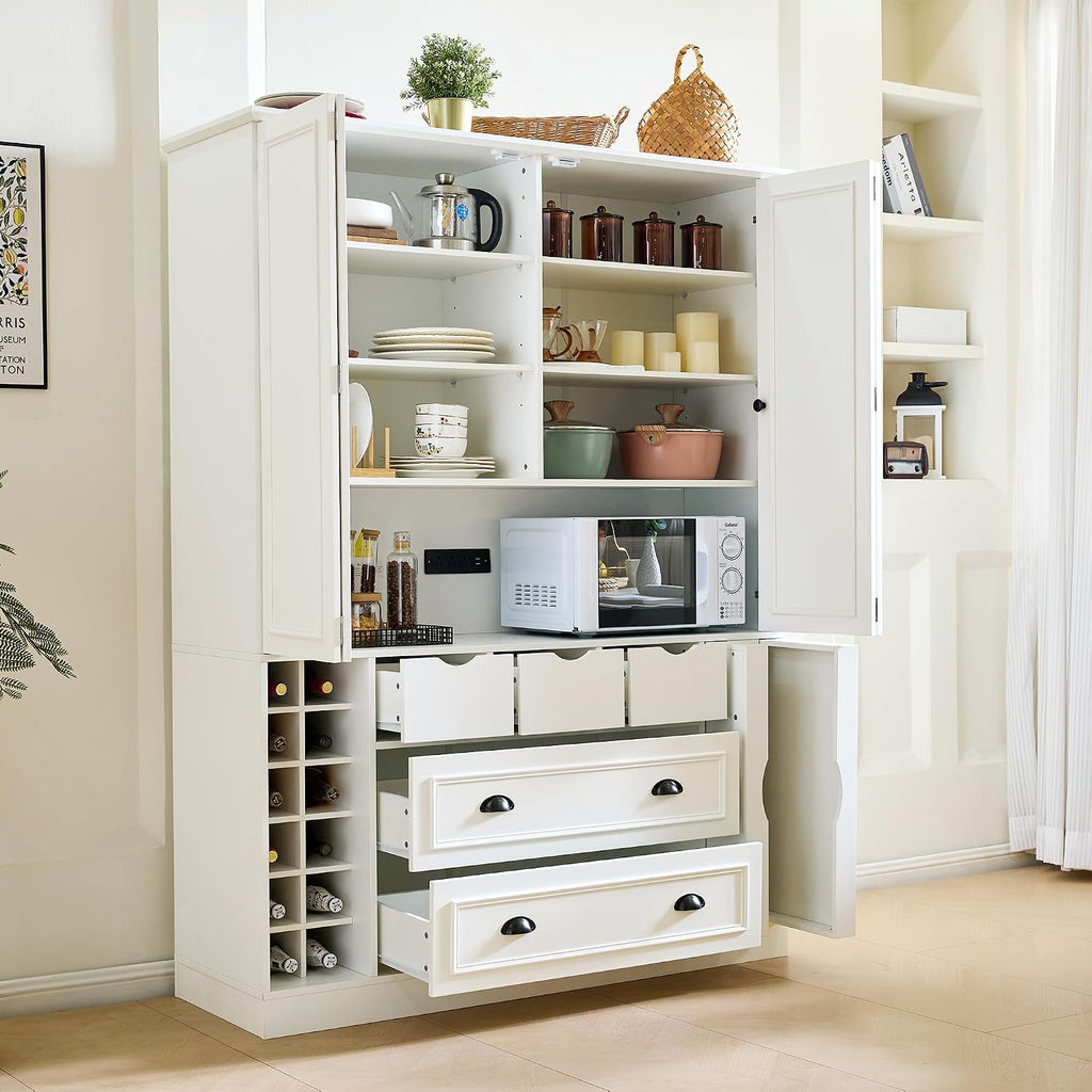 Farmhouse 71''H Large Kitchen Pantry, 53.2''Lx17.7''W Wood Dining Storage Cabinet Cupboard with 4 Foldable Doors, Power Outlet, Shelves, Wine Racks and Serving Trays (White-Fold D)