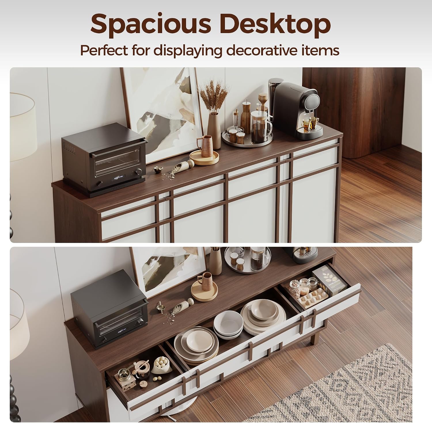 58 inch Sideboard Buffet Cabinet with 3 Drawers, Modern Credenza with 4 Doors & Adjustable Shelf, Large Coffee Bar Storage for Kitchen, Entryway