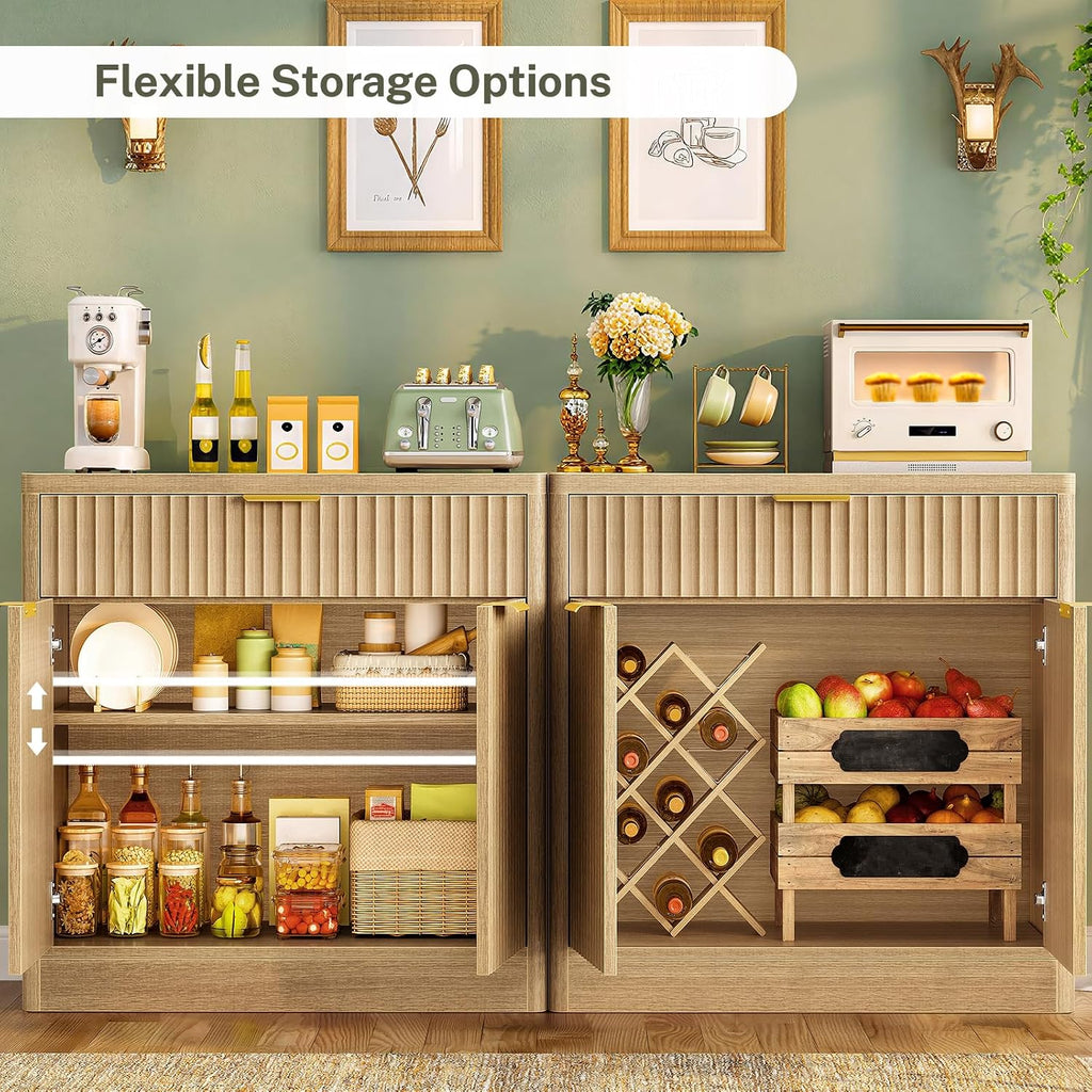 TEENFON 63' Fluted Buffet Sideboard Cabinet with Storage, Buffet Table Coffee Bar Wine Bar Storage Cabinet with Adjustable Shelf for Living Room, Kitchen, Natural