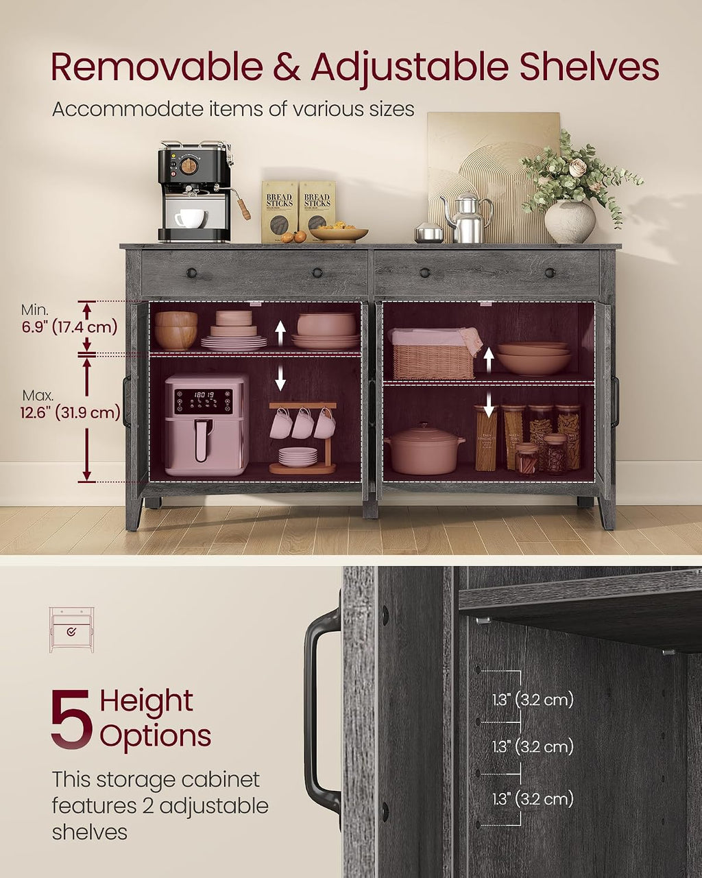 VASAGLE LIRY Collection - Buffet Cabinet, Coffee Bar Cabinet with 2 Drawers, Adjustable Shelves, Sideboard Storage with Cable Holes, Drawer Dividers, Misty Gray UBBK381GW01S