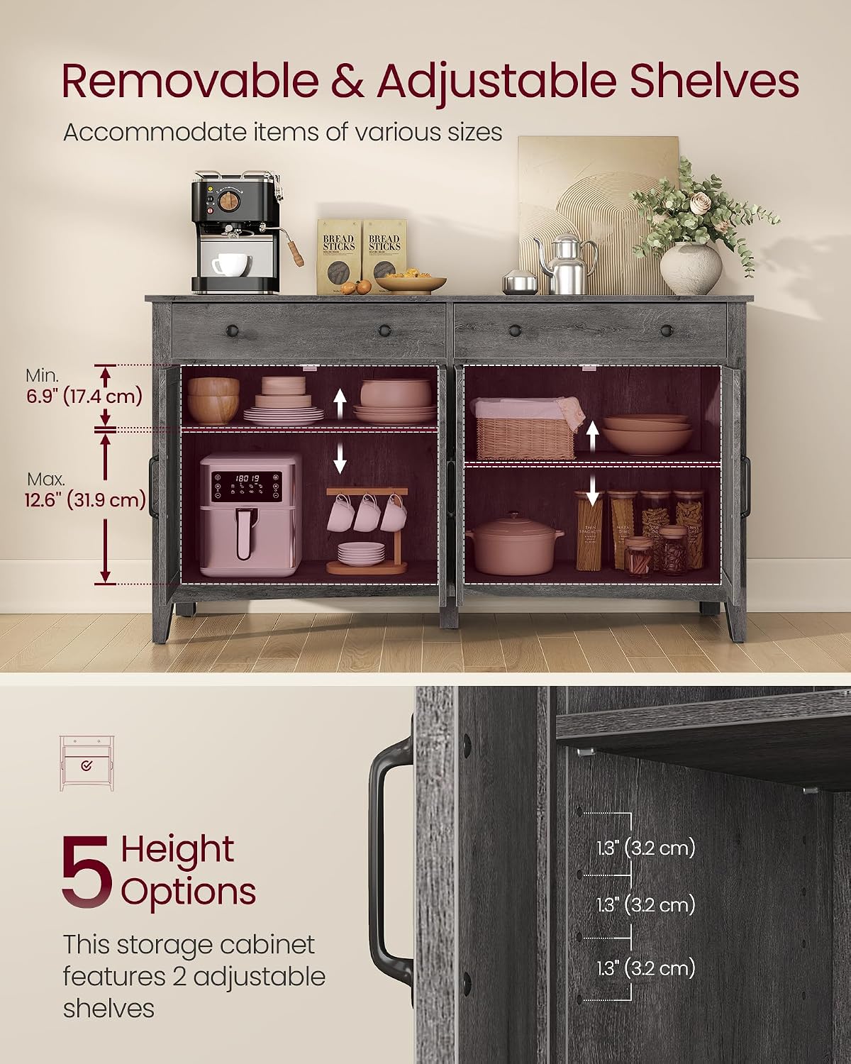 VASAGLE LIRY Collection - Buffet Cabinet, Coffee Bar Cabinet with 2 Drawers, Adjustable Shelves, Sideboard Storage with Cable Holes, Drawer Dividers, Misty Gray UBBK381GW01S
