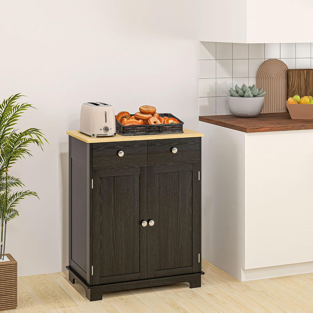 HOMCOM Sideboard Buffet Cabinet with Solid Wood Countertop, Modern Kitchen Storage Cabinet, Coffee Bar Cabinet with 2 Drawers, Doors and Adjustable Shelf, Distressed Black