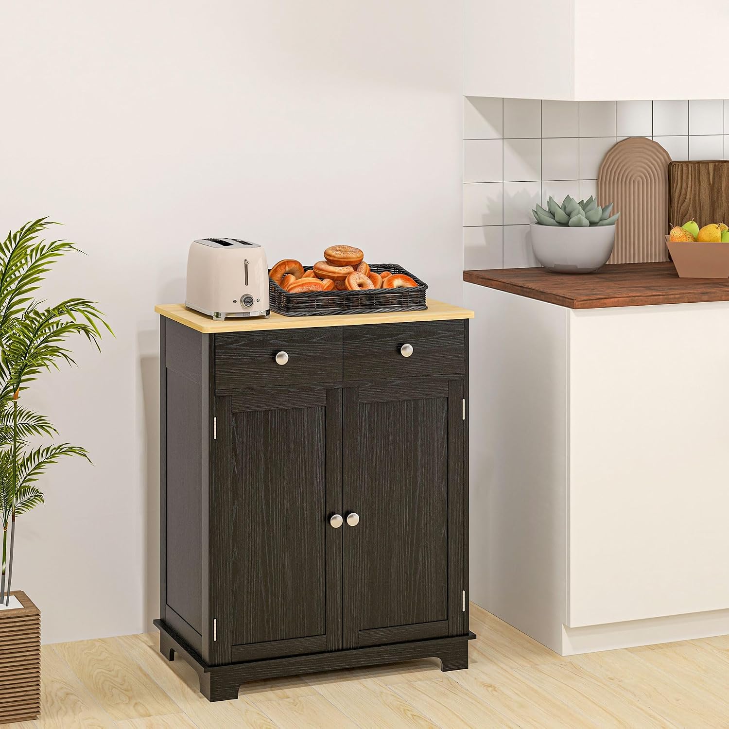 HOMCOM Sideboard Buffet Cabinet with Solid Wood Countertop, Modern Kitchen Storage Cabinet, Coffee Bar Cabinet with 2 Drawers, Doors and Adjustable Shelf, Distressed Black
