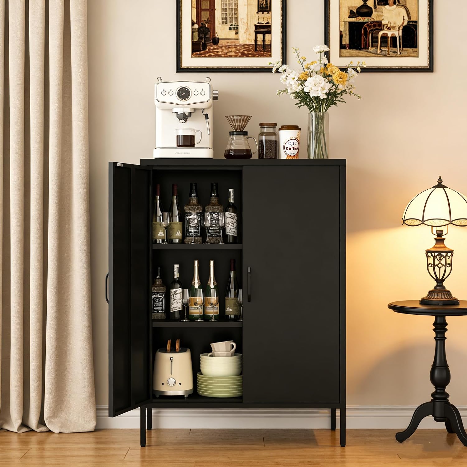 Metal Locker Cabinet, Black Storage Cabinets with 2 Doors and Adjustable Shelves, 3 Tier Modern Storage Freestanding Sideboard for Living Room,School,Office Home Kitchen and Coffee Bar