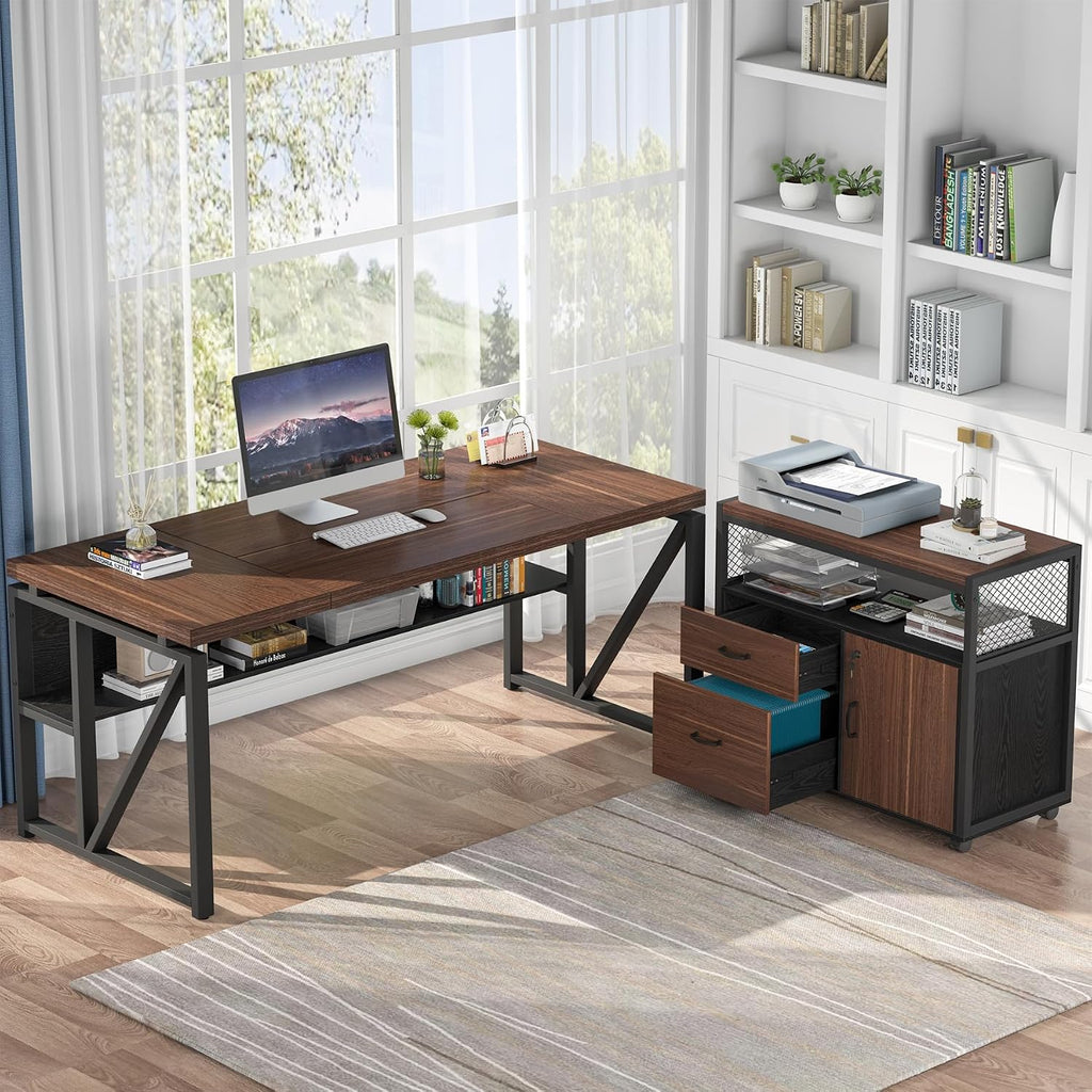 Tribesigns 63' Executive Deskwith Drawer Cabinet, L Shaped Desk and lateral File Cabinet, 2 Piece Home Office Furniture Set with Drawers for Hanging, Doors with Locks (Dark Brown, 63 inches)