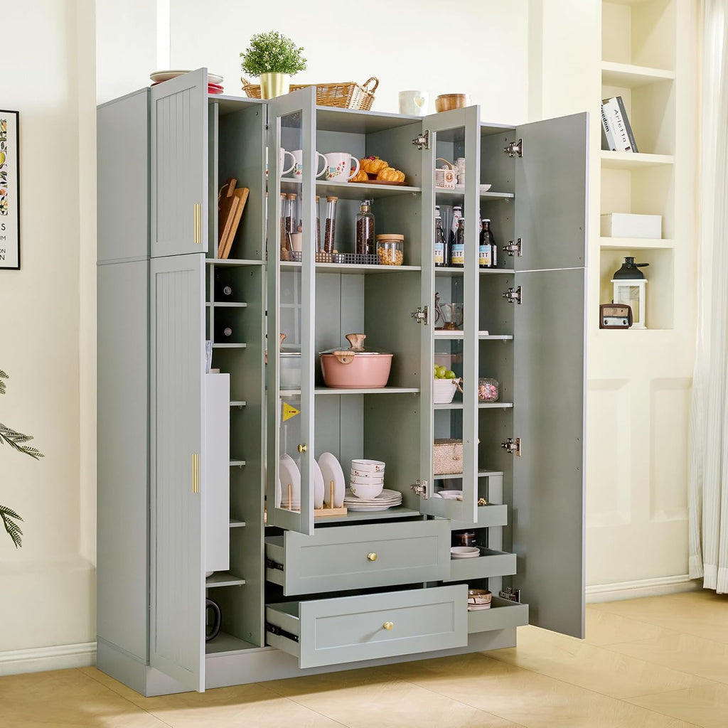 Modern Large Kitchen Pantry with 6 Doors, 53.2''Lx17.7''W Wood Storage Cabinet Cupboard with Drawers, Adjustable Shelves, Pull-Out Trays and Wine Rack for Dining Room (Green-4.19)